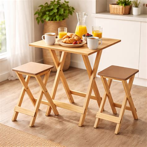 Mesa Pequena Com Banquetas - Conjunto Mesa Compacta com 2 Banquetas – Madeira Natural para Ambientes ...