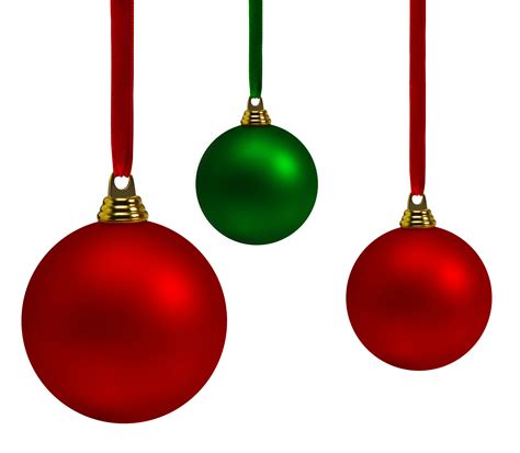 Vibrant red and green Christmas baubles, hanging on satin ribbon