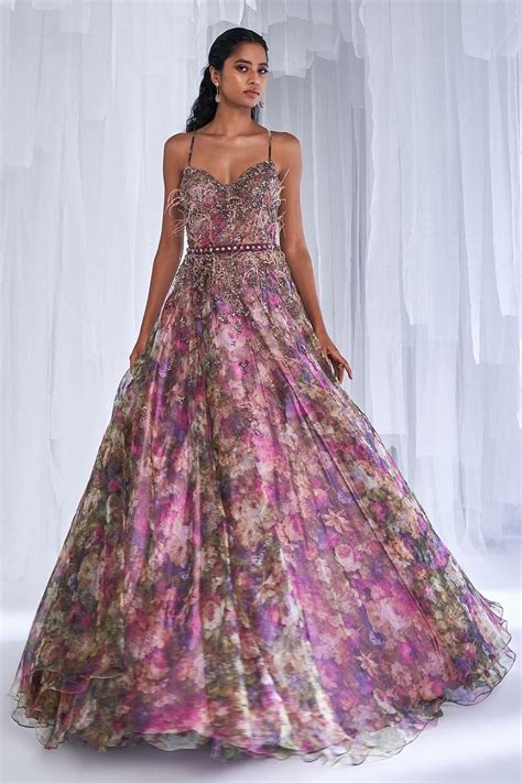 shop multi color organza   floral print  sequin gown  belt