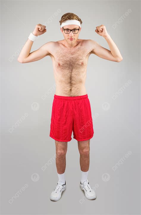 Fondo Geek Sin Camisa Hipster Flexionando Bíceps Nerd Entrenamiento De