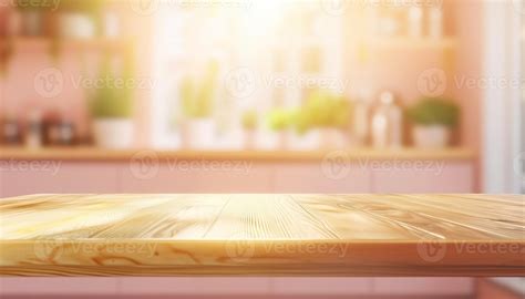 Brown wooden table kitchen counter display copy space with blurred
