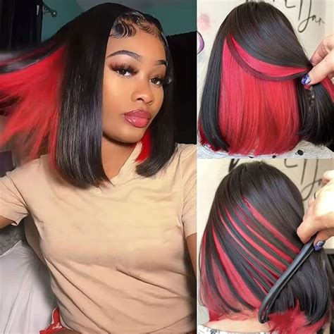 IWISH Highlight Red Bob Wig For Women Skunk Stripe Straight Short Bob ...