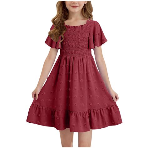 Tween Girl's 2025 Summer Dresses, Kids Polka Ruffle Short Sleeve Smoked