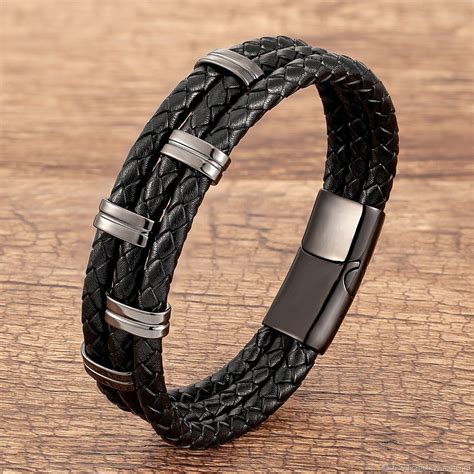 Браслет кожаный мужской в три слоя с магнитным замком Black LTH387 в ...