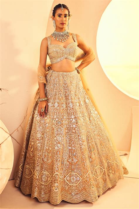 gold silk organza mirror zari embroidered bridal lehenga set