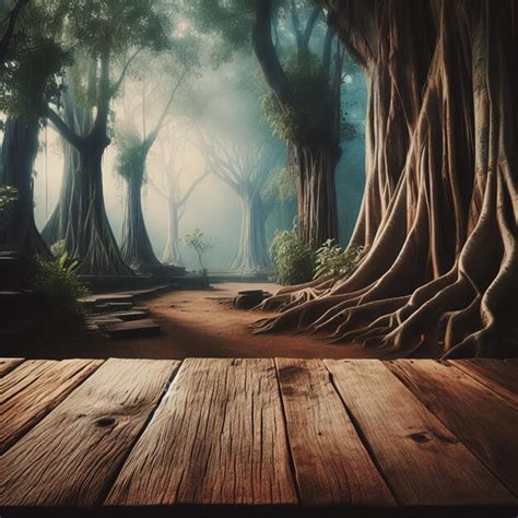 premium photo  wooden path   forest  trees   background