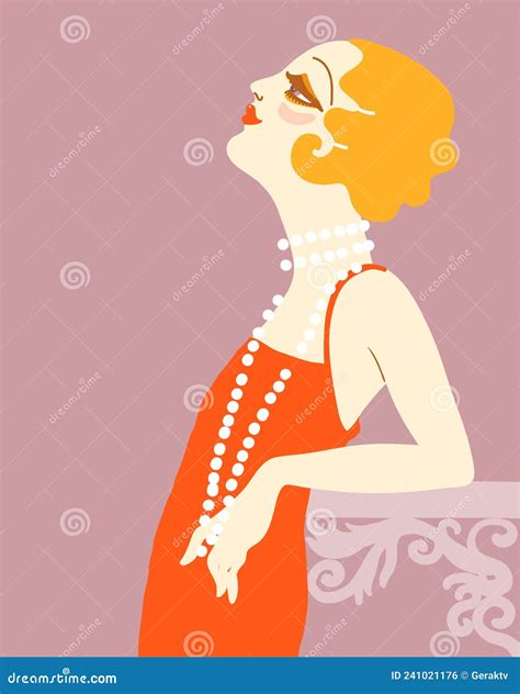 Vintage Flapper Girl In 1920s Style Fashion Red Dress. Vector Retro