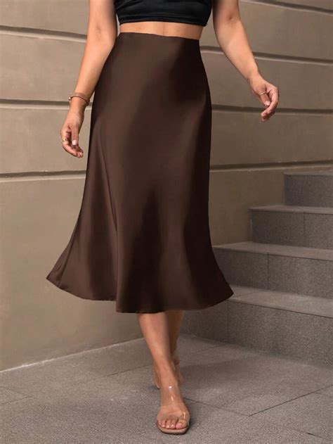 shein lune womens elegant versatile satin mermaid midi skirt brown