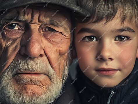 Contrasting generations portrait of old man and young boy expressing