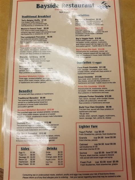 Menu at Bayside Restaurant, Petoskey