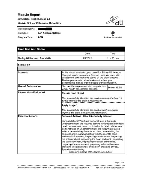 ATI Health Assess. Shirley Williamson. Bronchitis - Module Report
