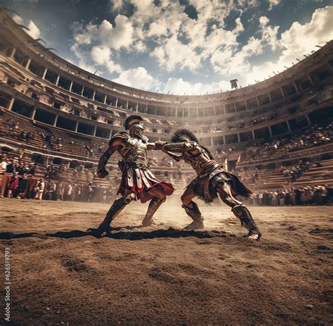 Spartacus and Gladiator fight in the Arena of the Colosseum, ai art