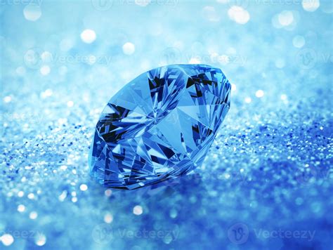 Blue dazzling diamond on blue shining bokeh background. concept for