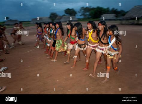 traditional dance by Xingu indians in the Amazone, Brazil Stock Photo 