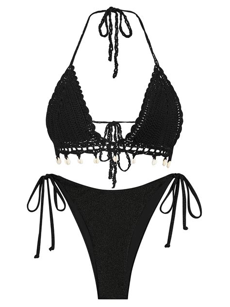 ZAFUL Women Crochet Bikini Set Sexy Triangle Swimsuit Tie Back Halter