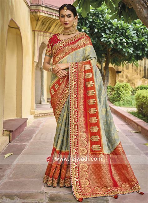 Grey and Red Wedding Silk Saree