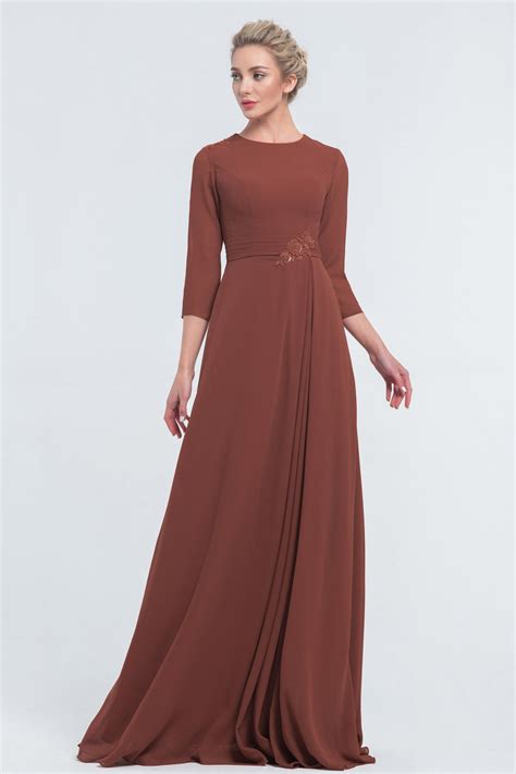 Modest Beaded Mahogany Bridesmaid Dresses with Sleeves | Bridesmaid