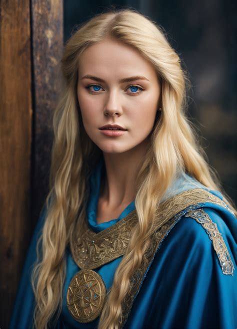 Lexica - Anglo saxon blonde woman with blue eyes and blue cloak