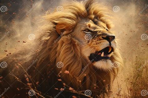 A Lion Mid-sneeze in the Savanna, Dust Particles Visible Stock Photo ...