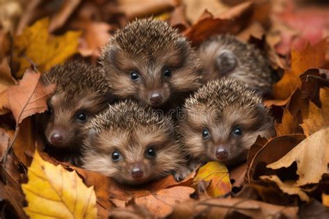 Group of Baby Hedgehogs, Uncurling in a Pile of Autumn Leaves Stock Illustration - Illustration ...