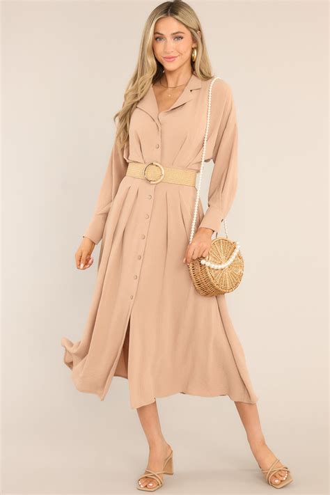 Beige Button Front Midi Dress - All Dresses