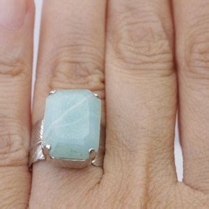 Aquamarine Ring, Silver Plated Ring, Leaf Adjustable Ring, Light Blue ...