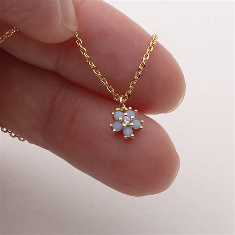 Dainty Opal Necklace, Very Tiny Opal Flower CZ Necklace, Blue Opal
