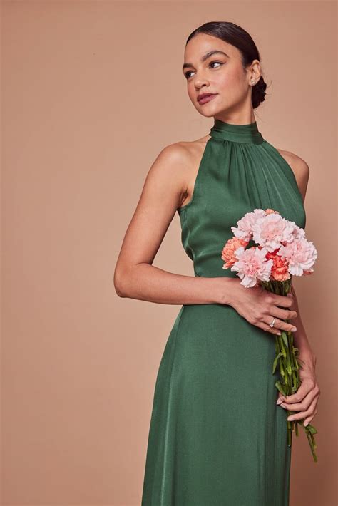 tilly satin high neck scarf tie halter dress emerald green