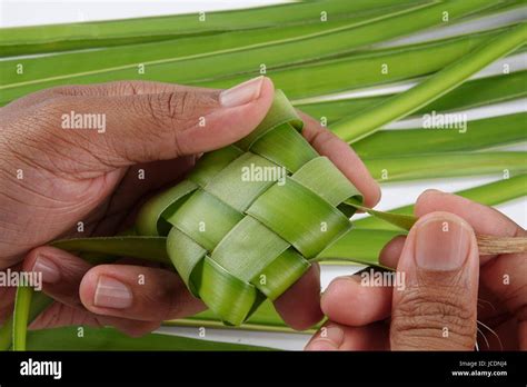 making  ketupat  natural rice casing   young coconut leaves