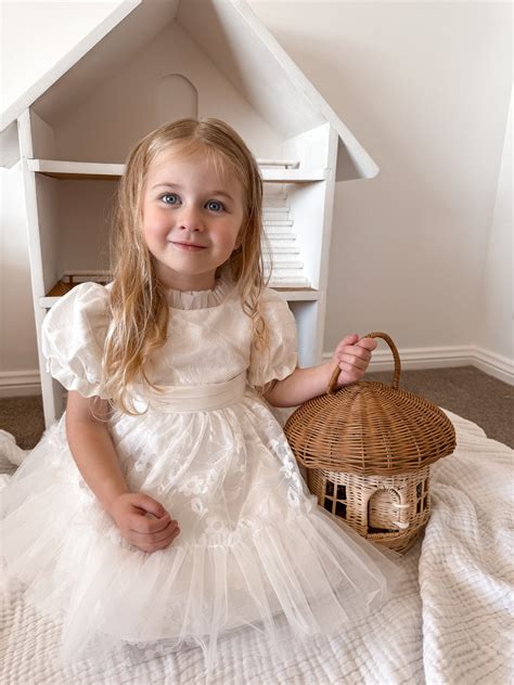 White Lace Tulle Puff Sleeve Dress For Flower Girl | Ellie Ellie