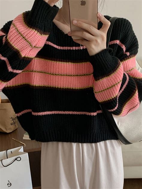 Emmiol Free shipping 2024 Stripe Splice Short Sweater Pink ONE SIZE in Sweaters online store ...