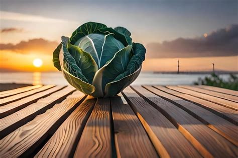 Premium Photo | A piece of lettuce sits on a table at sunset.