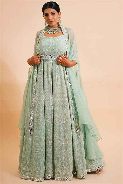 pistachio green embroidered anarkali  cape belt design  farha