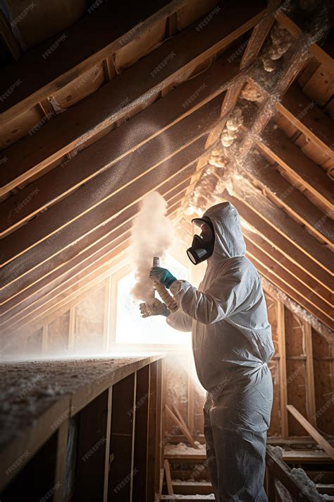 Premium Photo | Man spraying foam insulation to insulate attic