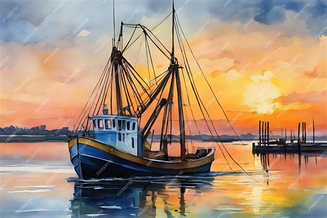 Premium AI Image | Fishing Boat at Sunset Oil Painting Style Printable ...