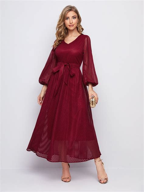 SHEIN V-neck Lantern Sleeve Sheer Mesh Overlay Dress With Belt