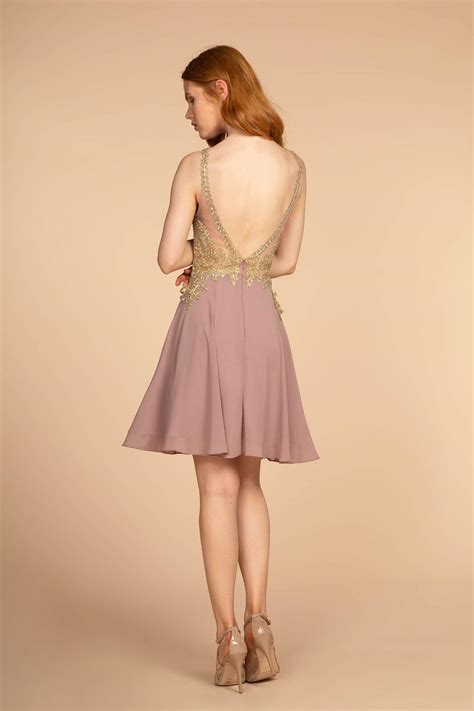 Mauve Embroidered Bodice Chiffon Short Dress for $112.99 – The Dress Outlet
