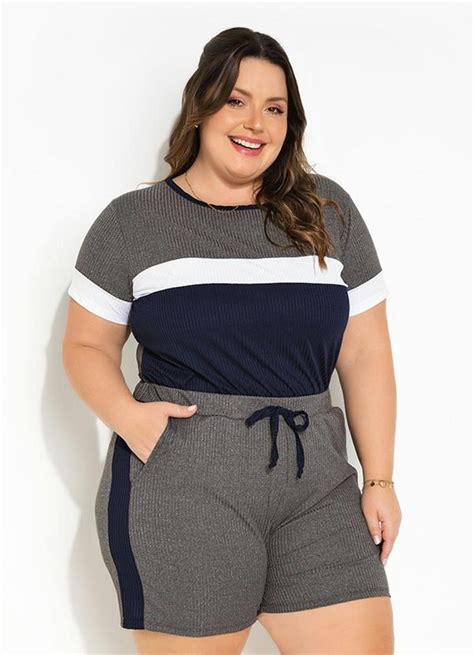 Conjunto Plus Size Short E Blusa - Conjunto Tricolor com Blusa e Short Plus Size - Marguerite