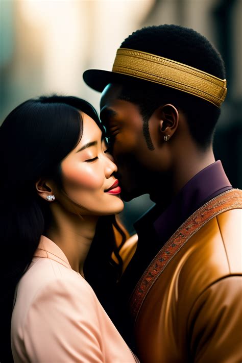 Lexica - Portrait of a beautiful Japanese girl kissing an African guy