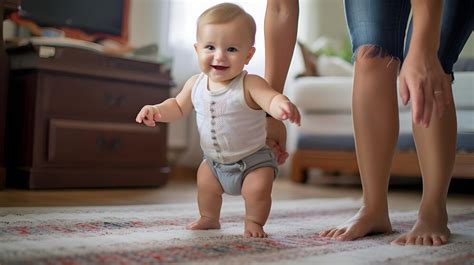 Premium Photo | Baby's first steps on a soft rug determined and wobbly