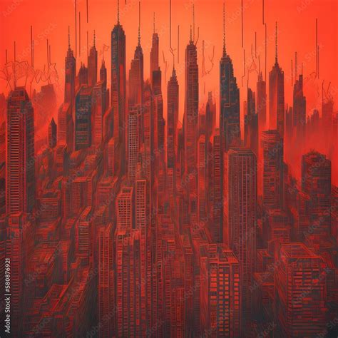 the silhouette of a megalopolis, a city on a red background, graffiti ...