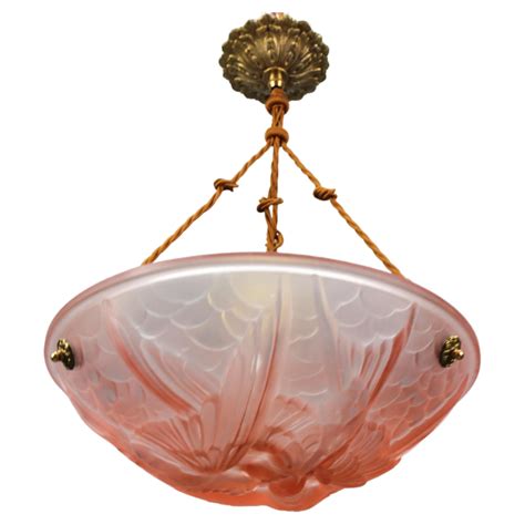 French Light Pink Frosted Glass Pendant Light with Bird Motifs, 1930s