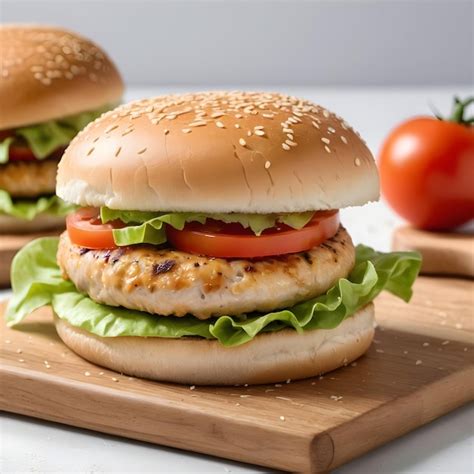 premium photo chicken burger  lettuce tomato cheese   sesame