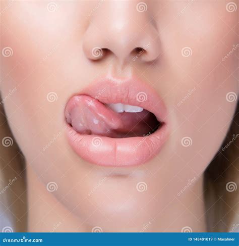 Close Up Juicy Lips with Tongue Licking it Stock Image - Image of full