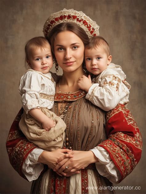 Young Ancient Russian Mother and Children in Traditional Attire | AI ...