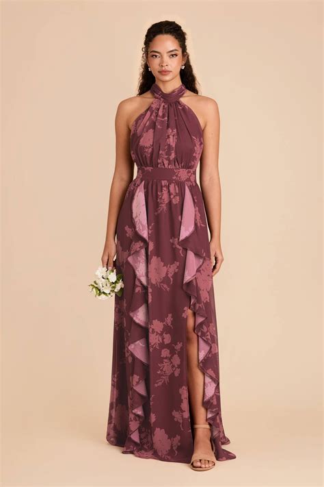 Joyce Sangria Whimsical Blooms Chiffon Halter Bridesmaid Dress | Birdy Grey