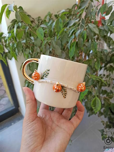 Pumpkin-Shaped Coffee Mug - Artisan 10oz Ceramic with Gold Handle