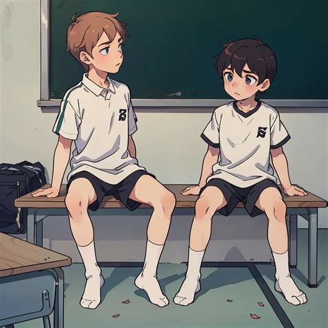 Shota， 2guys，without wearing shoes， White socks， Sports wear（rot