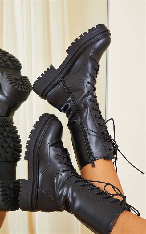 Black Calf High Lace Up Chunky Biker Boots | PrettyLittleThing IE