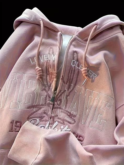 Letter Print Zip Up Drawstring Hoodie, Casual Long Sleeve Loose Pocket